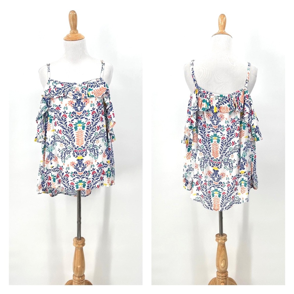 ROLLER RABBIT Off the Shoulder Top XS White Floral Print Ruffle Boho Peasant